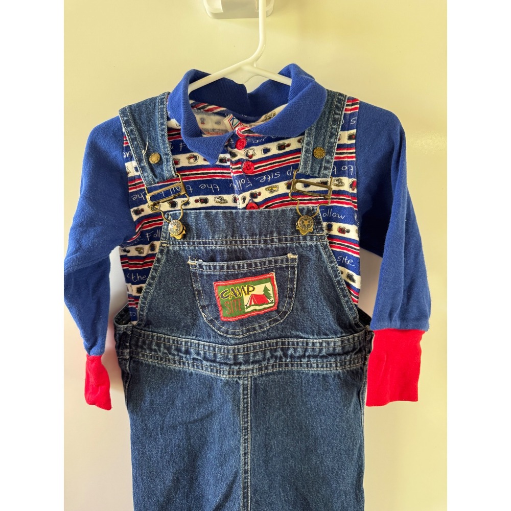 Vintage Mc Kids Denim Overalls and Shirt Set 18 Months Camp Site 90s Blue Red - Picture 2 of 8